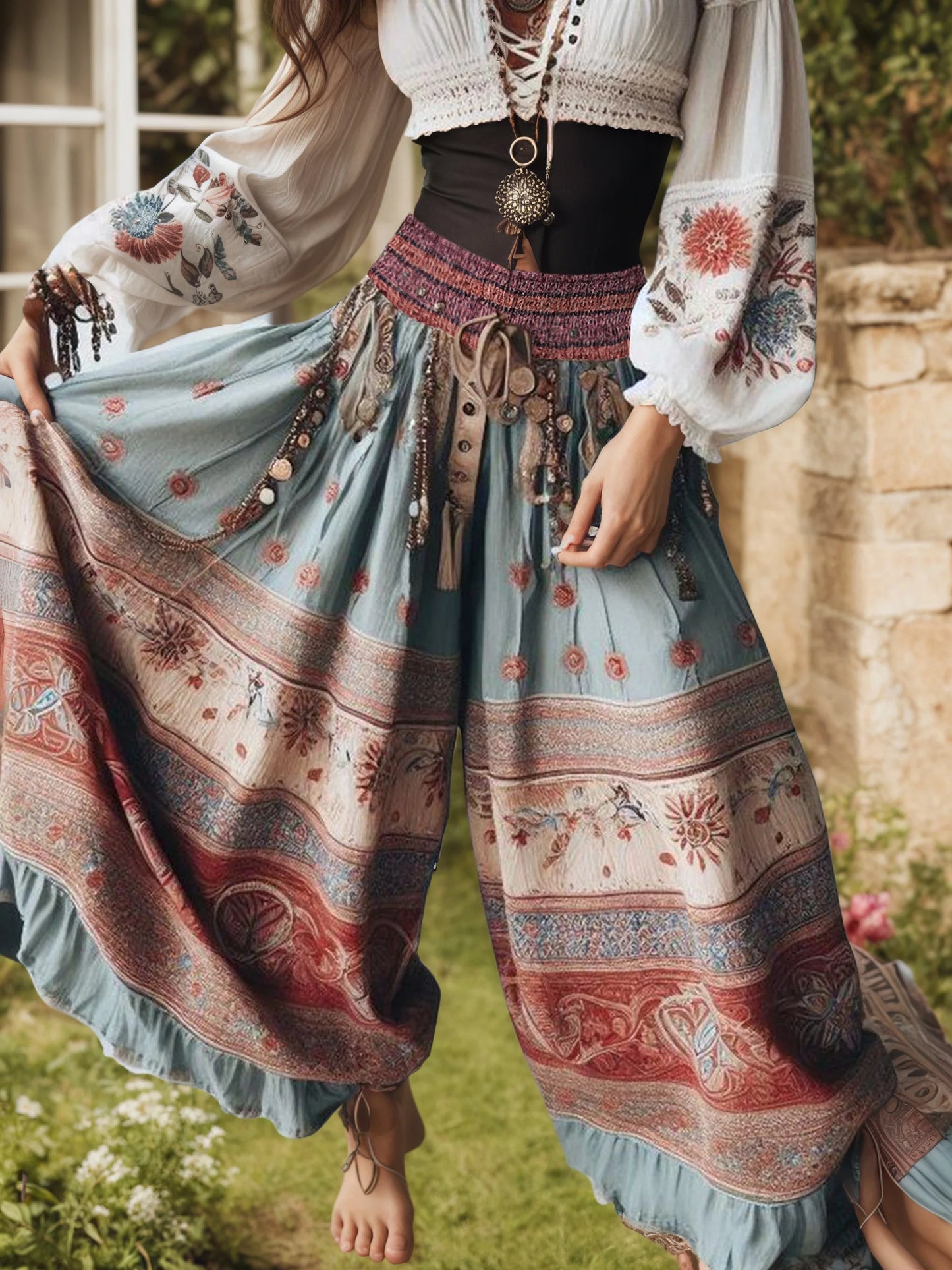 Elegant Women's Trousers Classic Retro Bohemian Patchwork High Waist Wide Leg Trousers Sexy Fashion Layered Ruffled Trousers