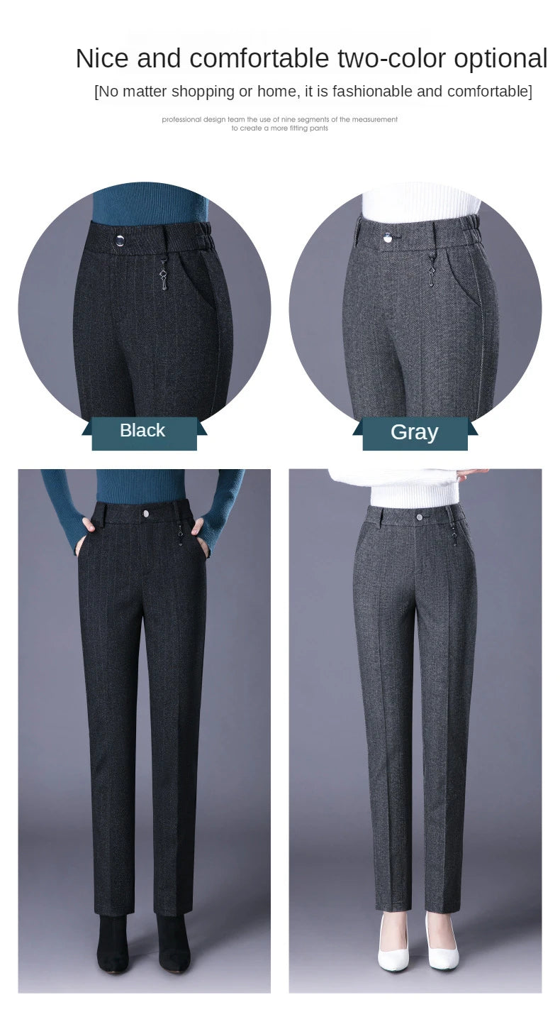 Woolen Trousers Women's Fall/winter High-waist Elastic Striped Straight-leg Pants Slim-fit Warm Trousers Pants for Women