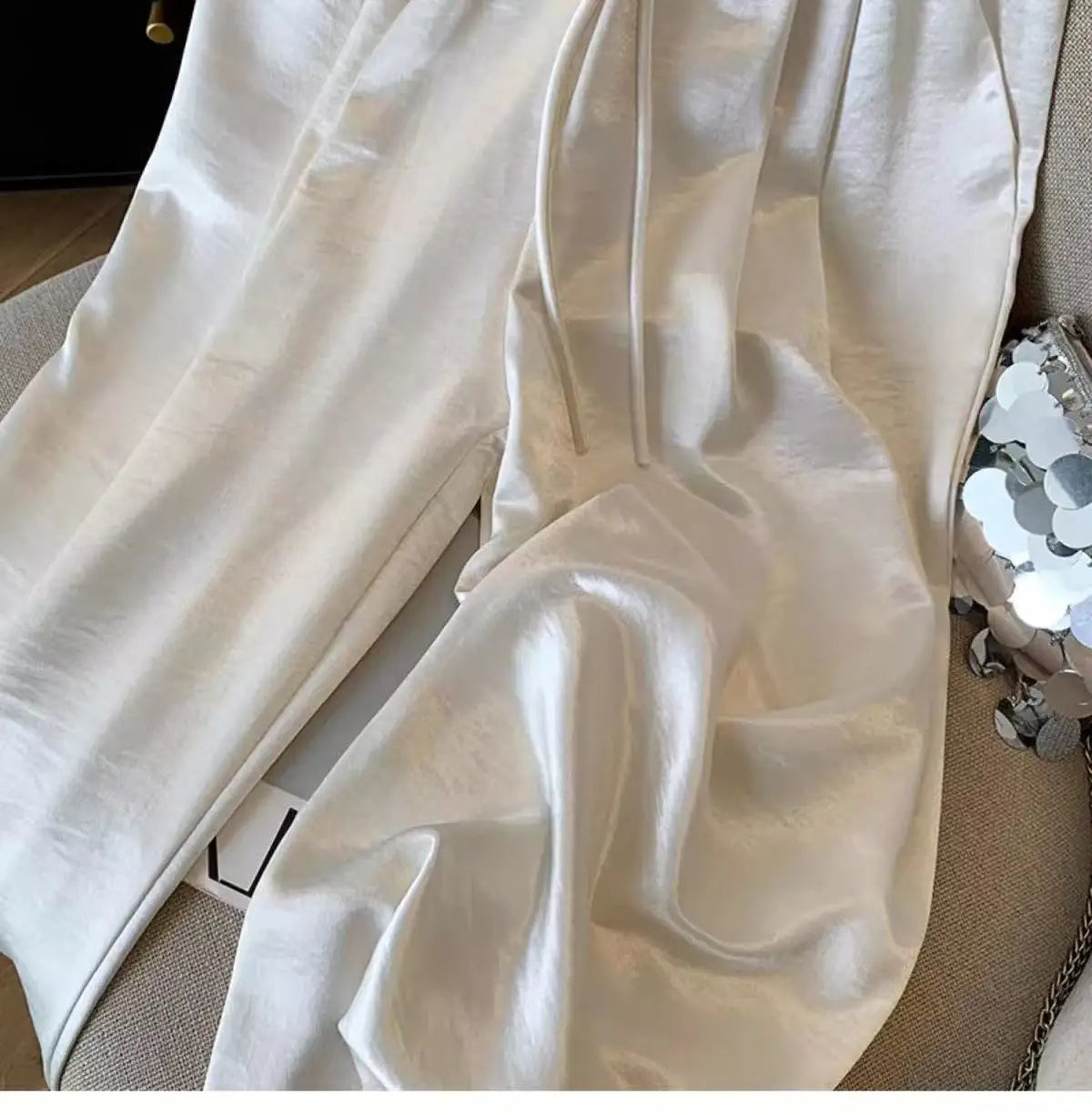 2025 Women's Loose Casual Trousers Summer New Lightweight Satin High Waist Wide Leg Pants Vintage All-match Straight Pants Femme