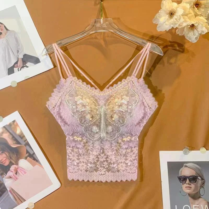 Women Clothing Heavy Beading Floral Tank Sexy Crop Tops Ropa Mujer Lace Butterfly Top Navel Baring Sexy Cropped Top Summer Camis