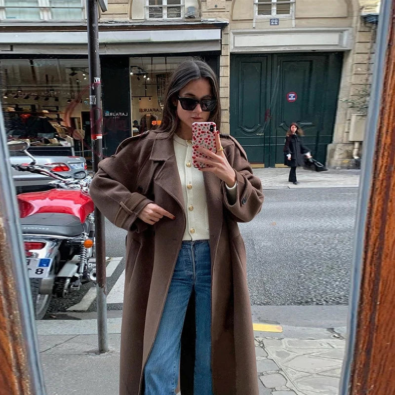 Woolen Breasted Long Coat Women Lapel Double Breasted Casual Pocket Chic Elegant Outwear Autumn Winter Street Lady Overcoat