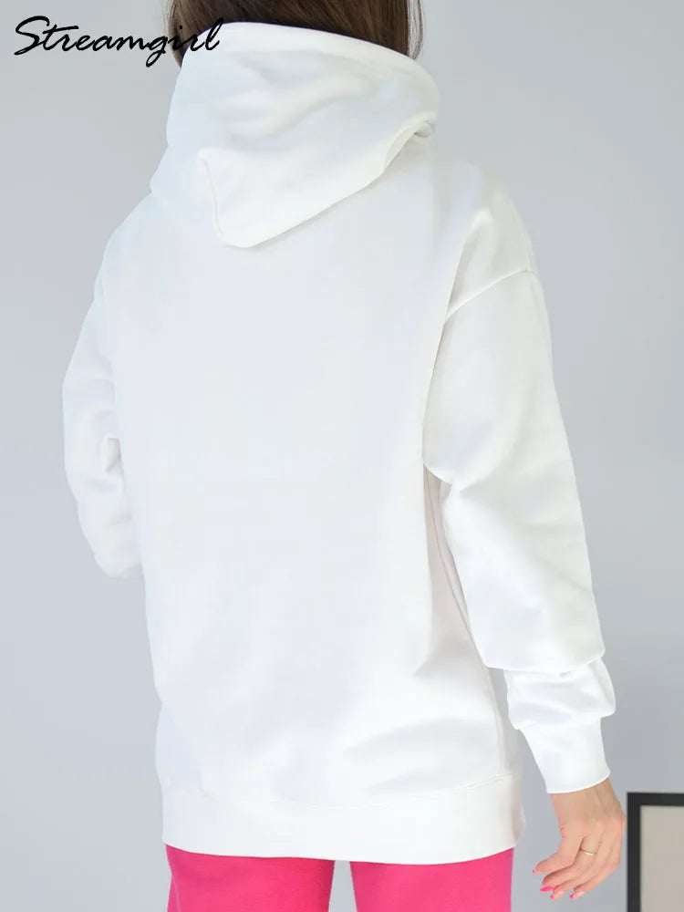 Solid Oversize Hoodies For Women Pocket Casual Loose Hooded Sweatshirt Woman Autumn Cotton Terry Hoodies Women Oversize Pullover