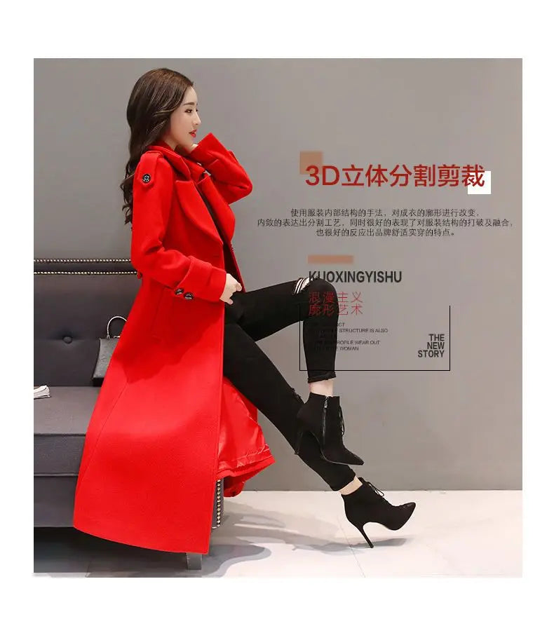 Women's Long Woolen Coat 2023 Spring Autumn New Korean Waist Slimming Over-Knee Thick Keep Warm Woolen Coat Lady Overcoat