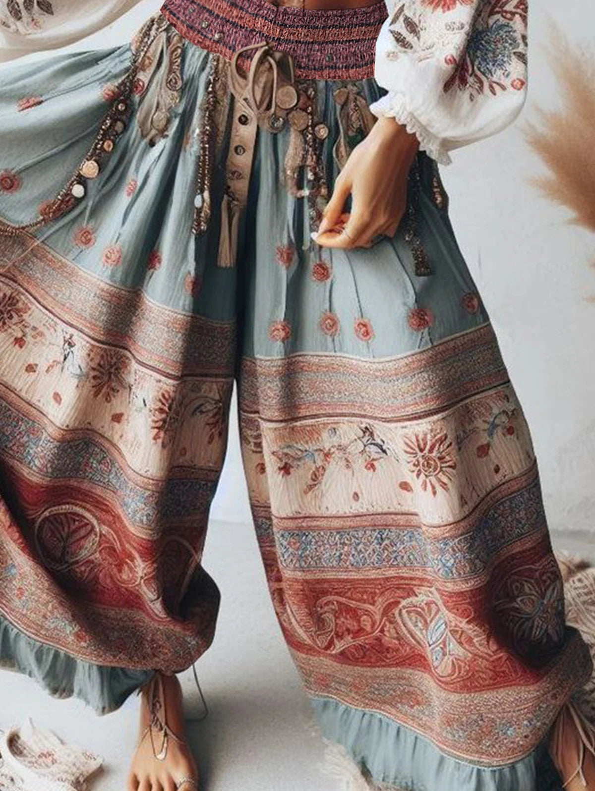 Elegant Women's Trousers Classic Retro Bohemian Patchwork High Waist Wide Leg Trousers Sexy Fashion Layered Ruffled Trousers