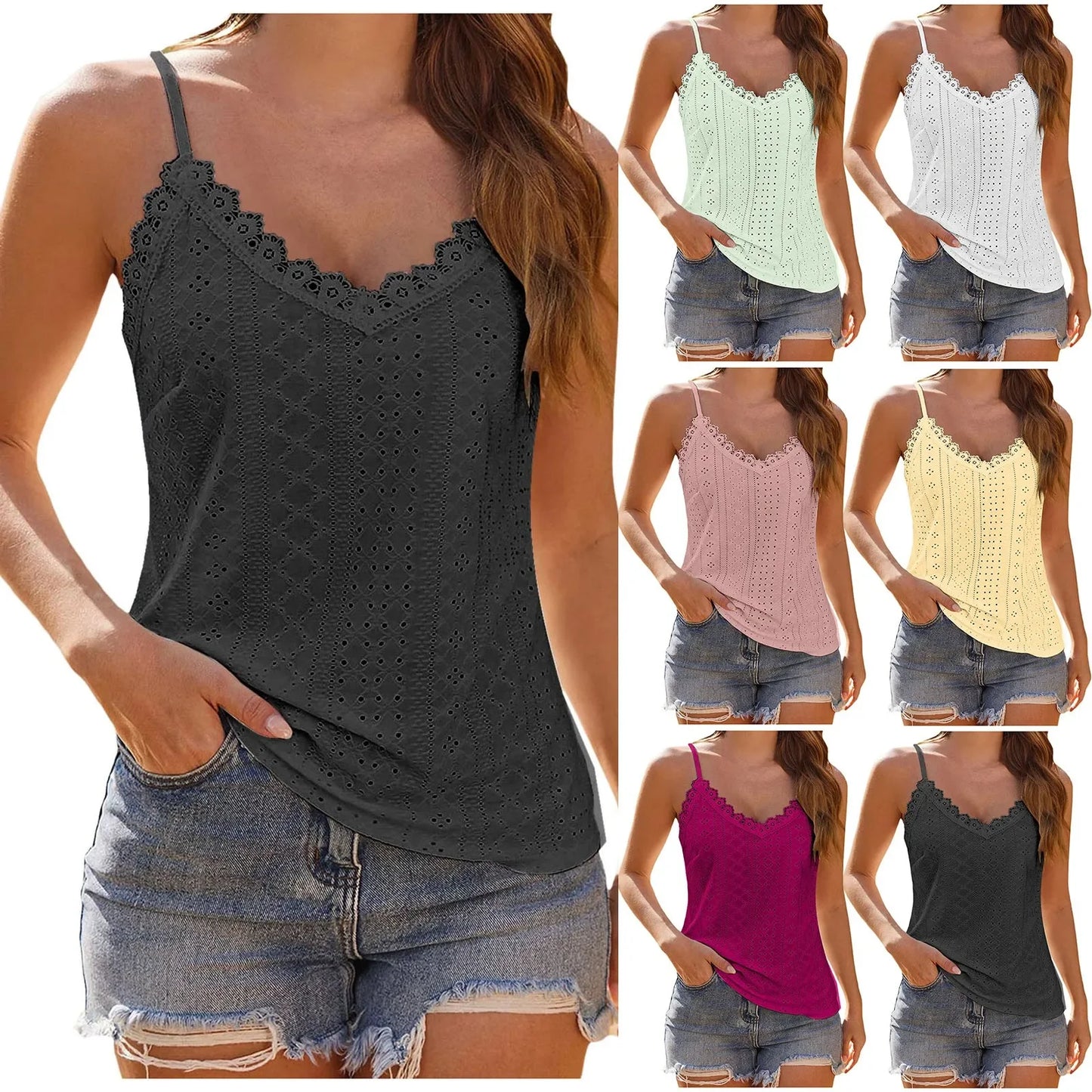 Women'S Tank Top V Neck Lace Camisole Casual Cute Summer Top Loose Fit Creme Crop Top Thin Strap Shirt Vest Clothing Woman