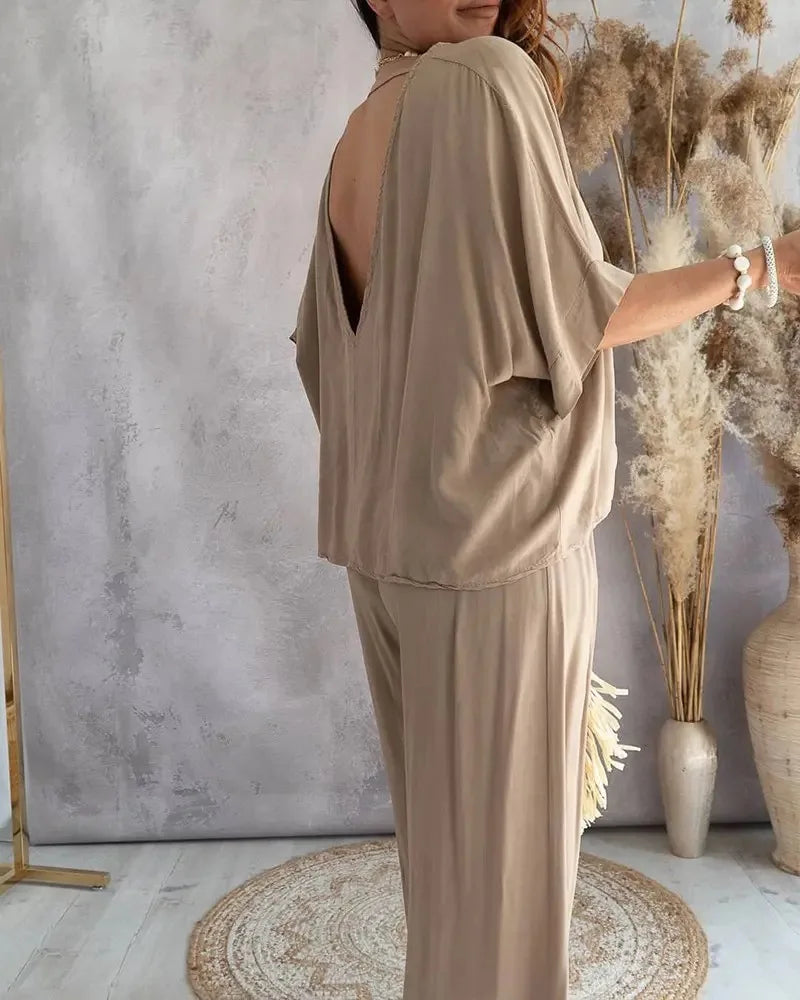 Women's Summer Trousers Suit V-neck Bat Sleeve Casual Top Lace-up Trousers Loose Solid Color Suit Two-piece Set