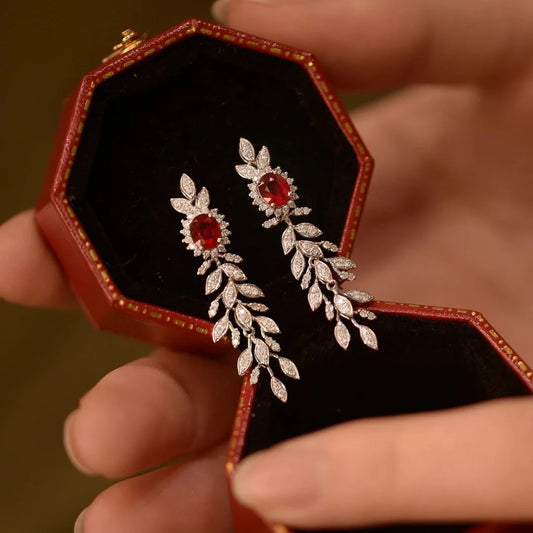 925 silver vintage exquisite style red gemstones tassels earings stud gorgeous luxury long earrings for women wedding jewelry
