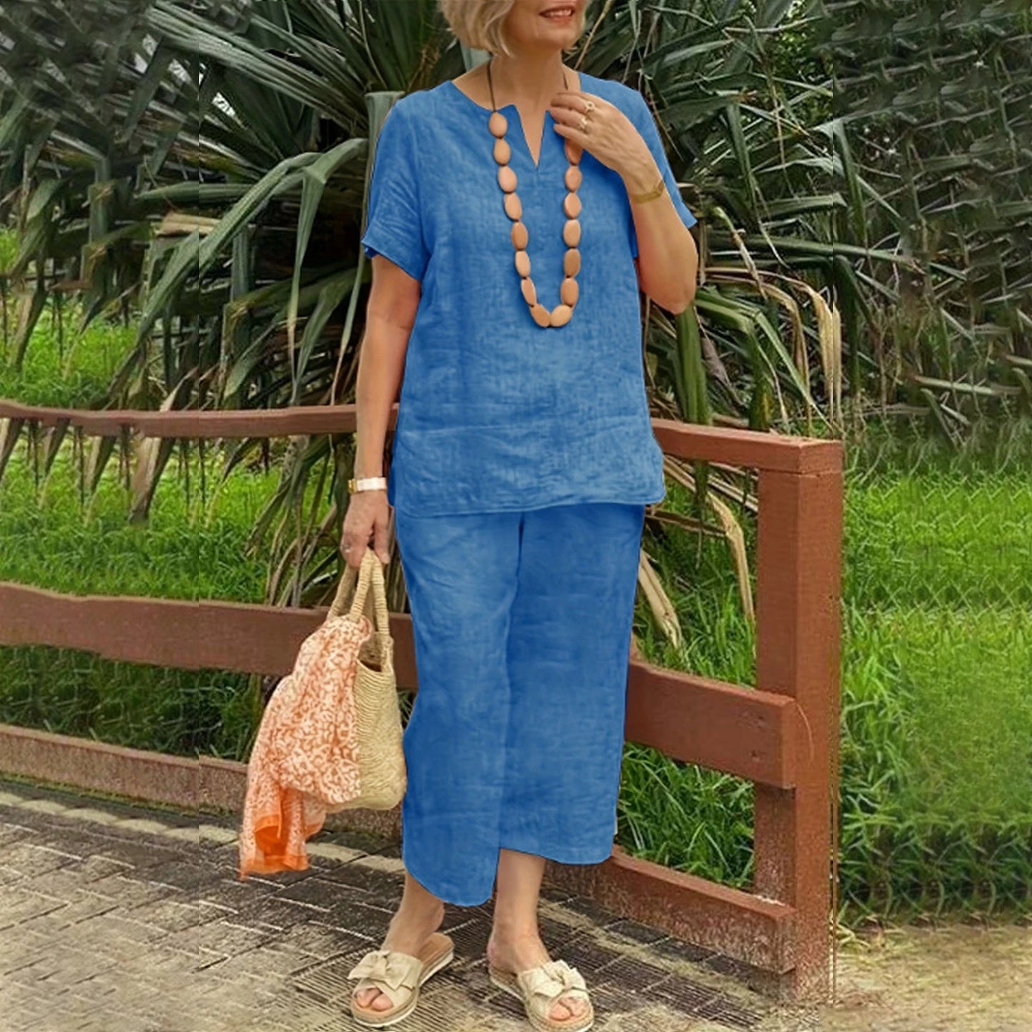 Women's Casual Suits Stylish Women's Cotton Linen Summer Suit with Wide Leg Pants Casual Loose Fit Two for Ladies for Summer