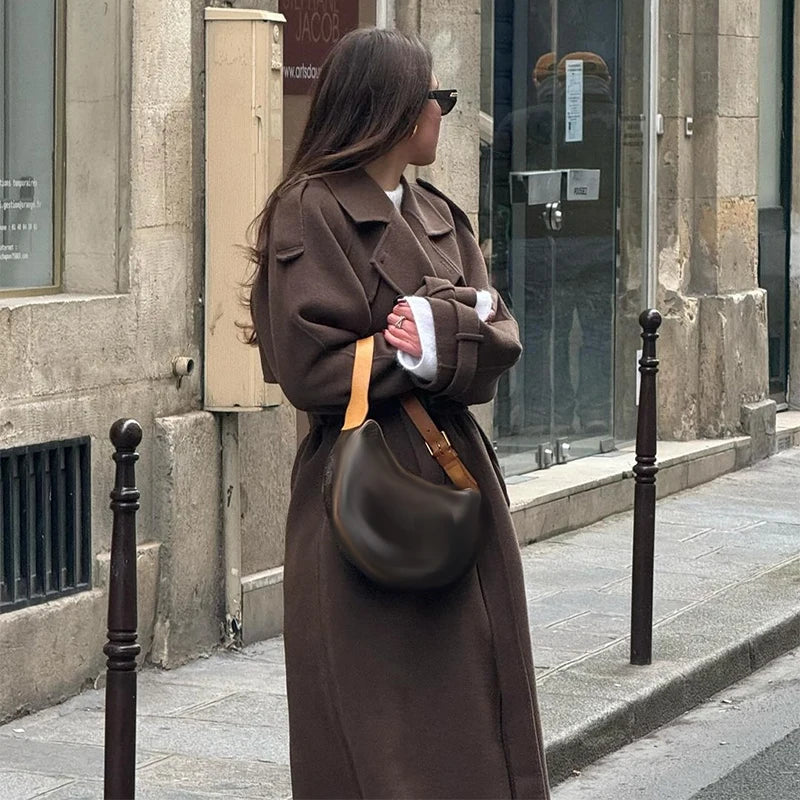 Woolen Breasted Long Coat Women Lapel Double Breasted Casual Pocket Chic Elegant Outwear Autumn Winter Street Lady Overcoat