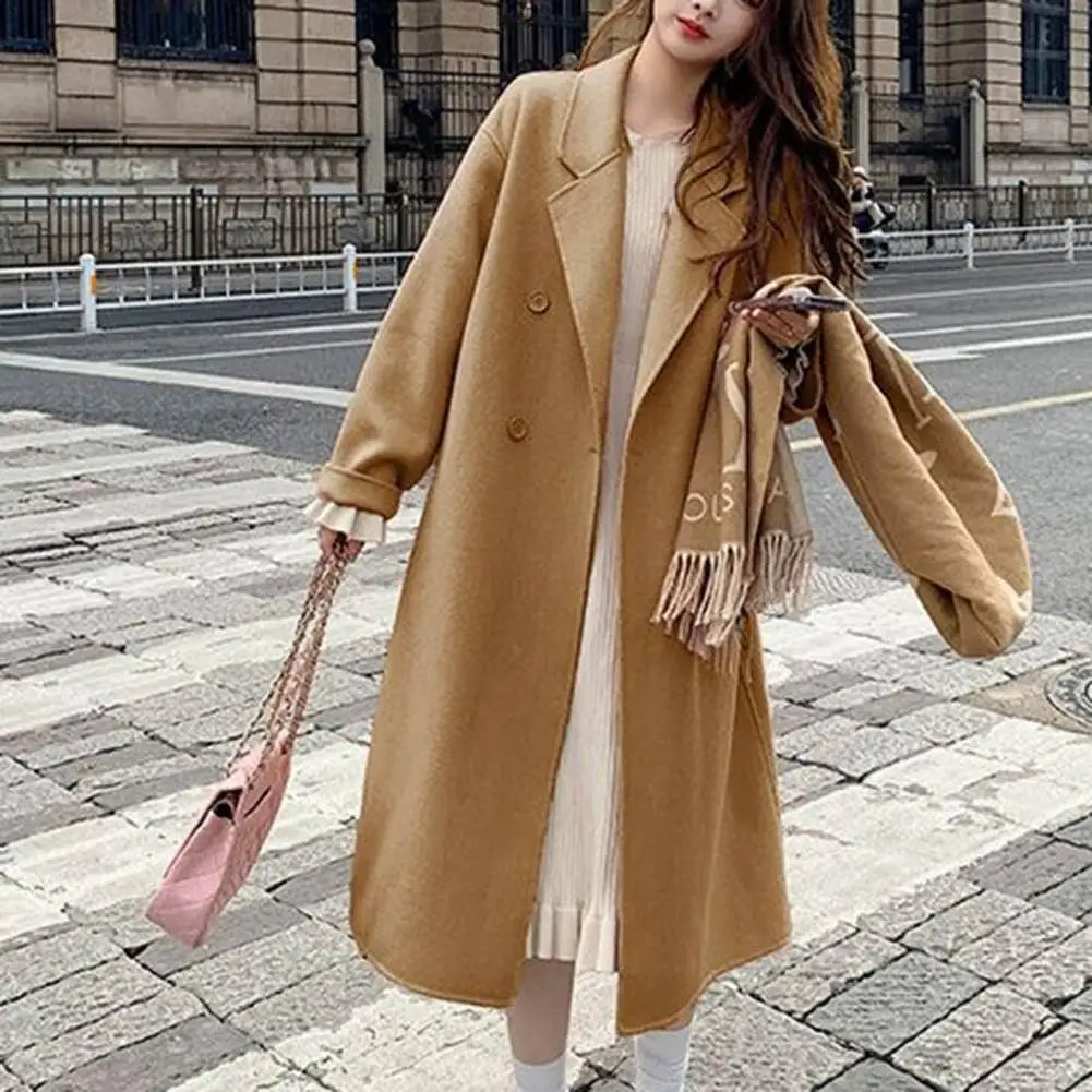 Women Woolen Coat Double-Breasted Autumn Winter New Fashion Loose Long Trench Coat Retro Loose Female Overcoat Ladies Windbreak