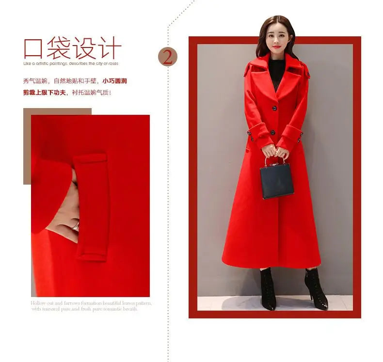 Women's Long Woolen Coat 2023 Spring Autumn New Korean Waist Slimming Over-Knee Thick Keep Warm Woolen Coat Lady Overcoat