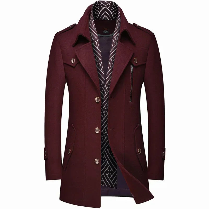 Men's Woolen Coats Fashion Thicken Mid Length Trench Turn Down Collar Warm Outerwear Business Casual Wool Coat