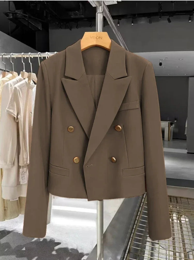 Women's Short Suit Jacket  Autumn 2025 Female Casual Suit Double-breasted Office Lady Solid Coffee Turndown Collar Blazers Women