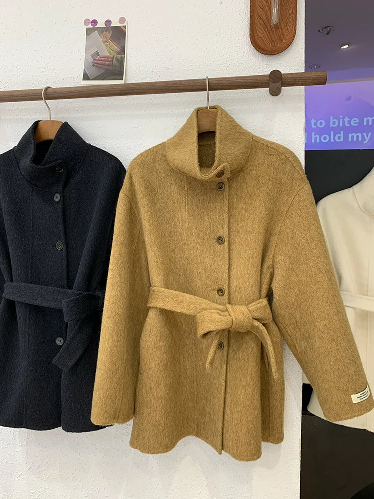 Double Sided Cashmere Coat For Women Winter Temperament Stand Collar Tied Woolen Overcoat Female Loose Waist Woolen Clothes