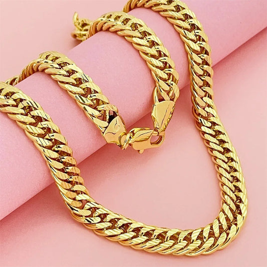 Men's 10MM 60CM Sideways Carved Chain, 24K Gold, AU999 | Gradient gold with gear motifs, youthful edge for modern trendsetters.