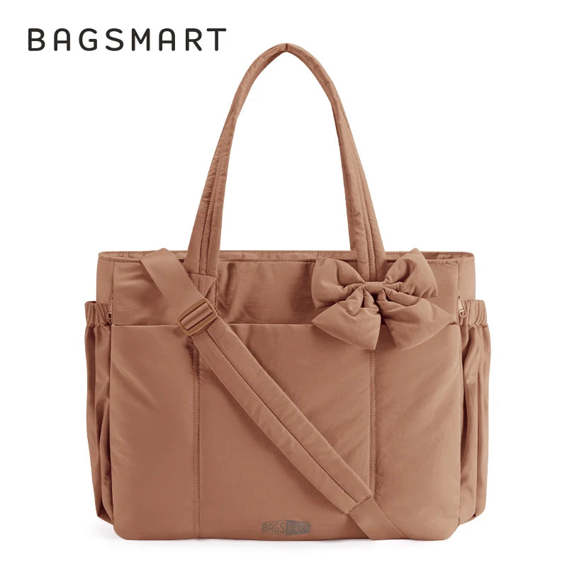 BAGSMART Padded Tote Bag With Bow Casual Quilted Padded Women Shoulder Bags Fit 15.6in Laptop Large Capacity Yoga Gym Bags