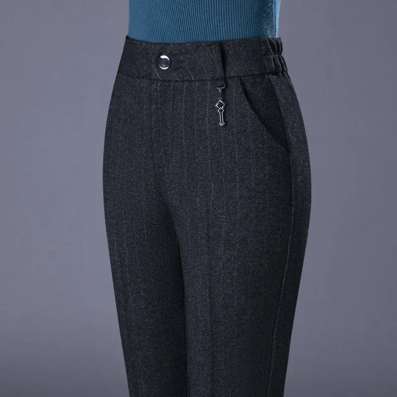 Woolen Trousers Women's Fall/winter High-waist Elastic Striped Straight-leg Pants Slim-fit Warm Trousers Pants for Women