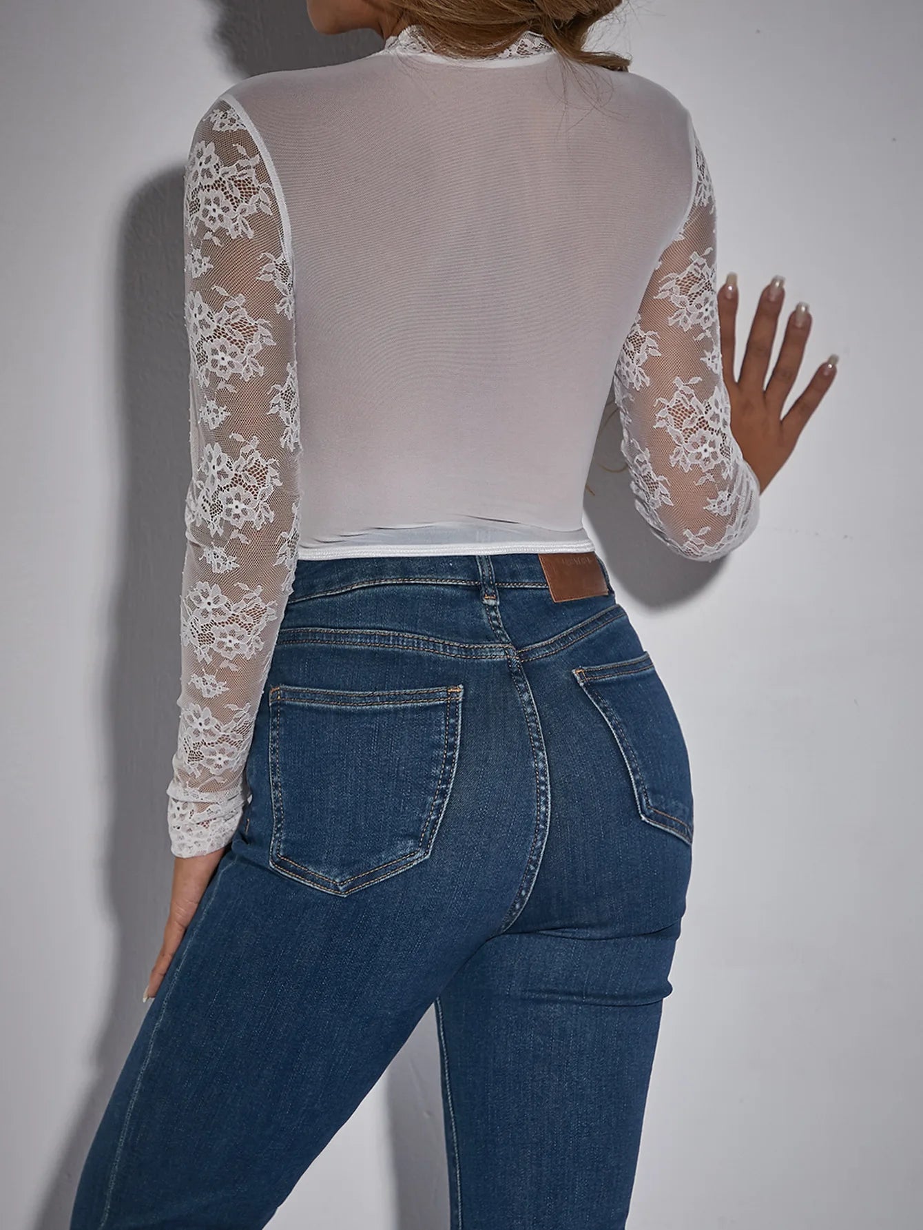 2025 Women T-Shirt Tops Casual Basic Solid Camis Slim Sexy Floral Lace Hollow Round Neck Long Sleeve See-Through Slimming Top