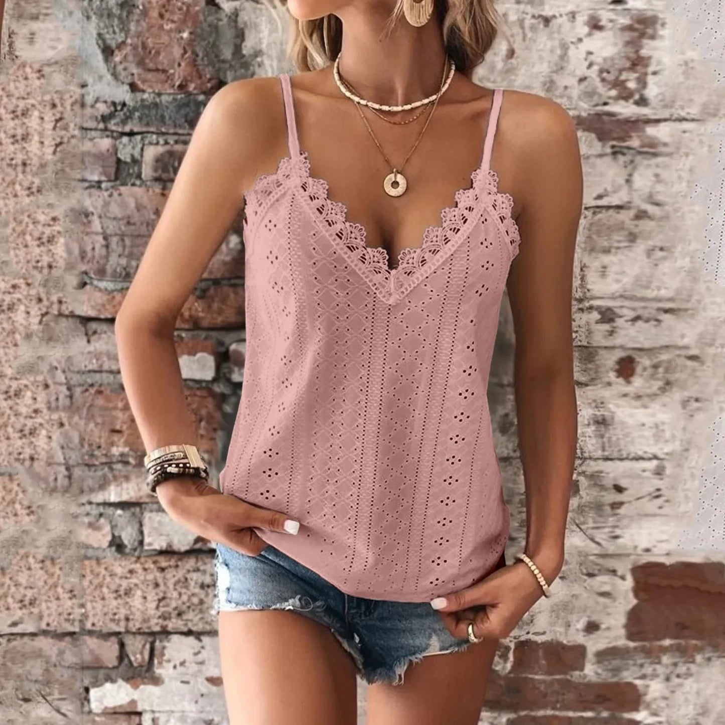 Women'S Tank Top V Neck Lace Camisole Casual Cute Summer Top Loose Fit Creme Crop Top Thin Strap Shirt Vest Clothing Woman