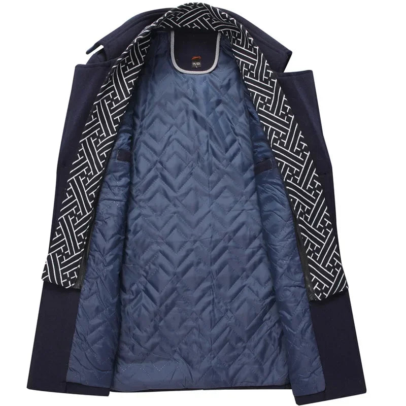 Men's Woolen Coats Fashion Thicken Mid Length Trench Turn Down Collar Warm Outerwear Business Casual Wool Coat