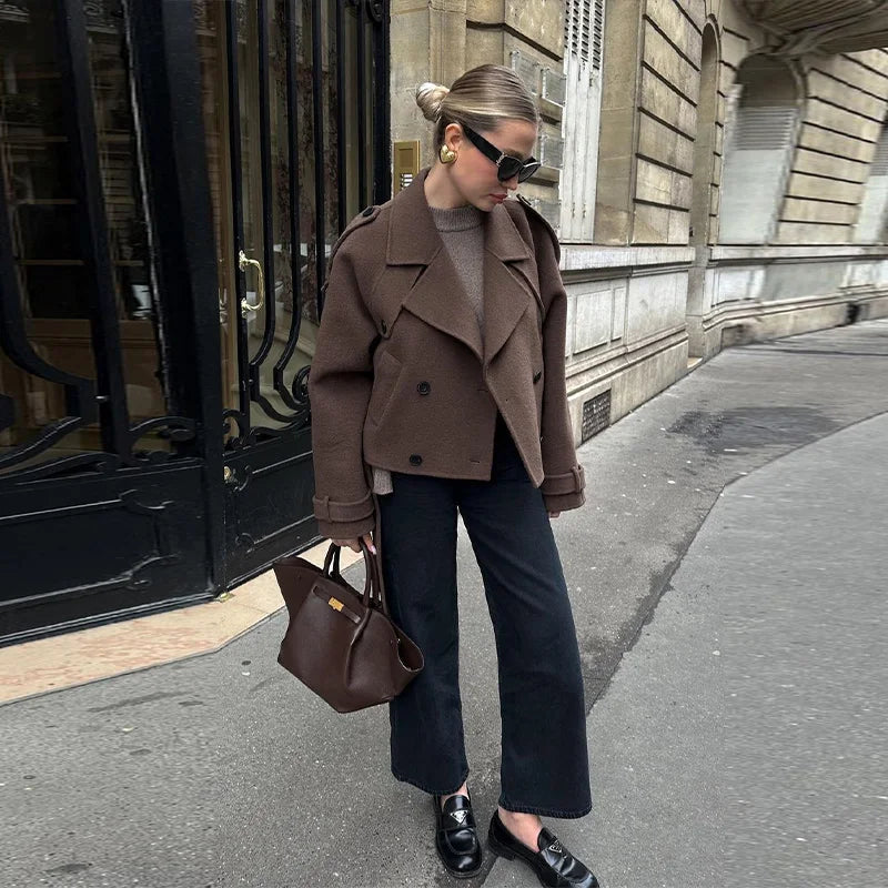 Woolen Breasted Long Coat Women Lapel Double Breasted Casual Pocket Chic Elegant Outwear Autumn Winter Street Lady Overcoat
