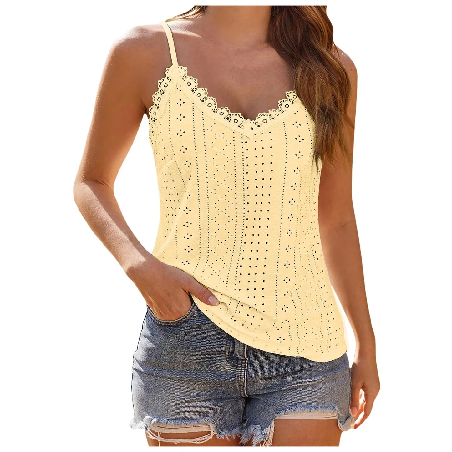 Women'S Tank Top V Neck Lace Camisole Casual Cute Summer Top Loose Fit Creme Crop Top Thin Strap Shirt Vest Clothing Woman