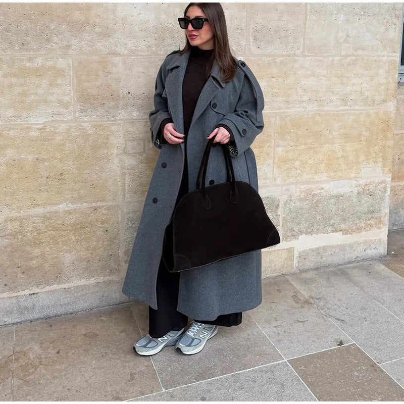 Woolen Breasted Long Coat Women Lapel Double Breasted Casual Pocket Chic Elegant Outwear Autumn Winter Street Lady Overcoat