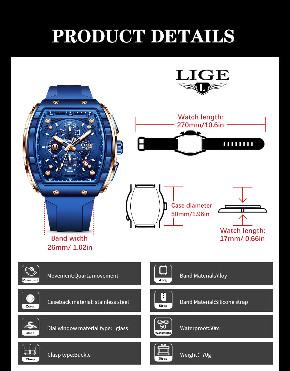 LIGE Top Brand Men's Watches Luxury Square Quartz Wristwatch Waterproof Luminous Chronograph Watch for Men Date Clock