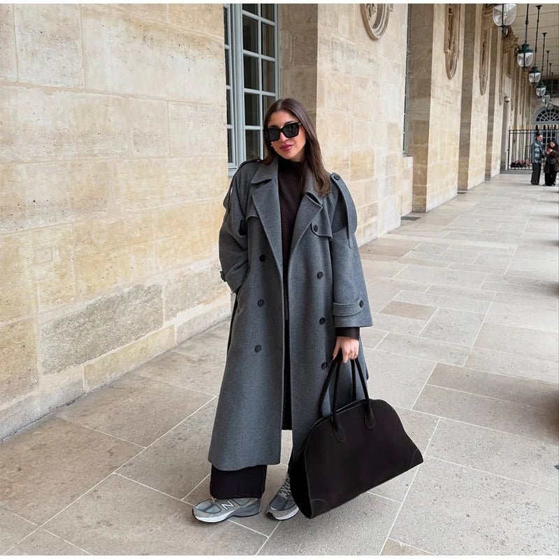 Woolen Breasted Long Coat Women Lapel Double Breasted Casual Pocket Chic Elegant Outwear Autumn Winter Street Lady Overcoat