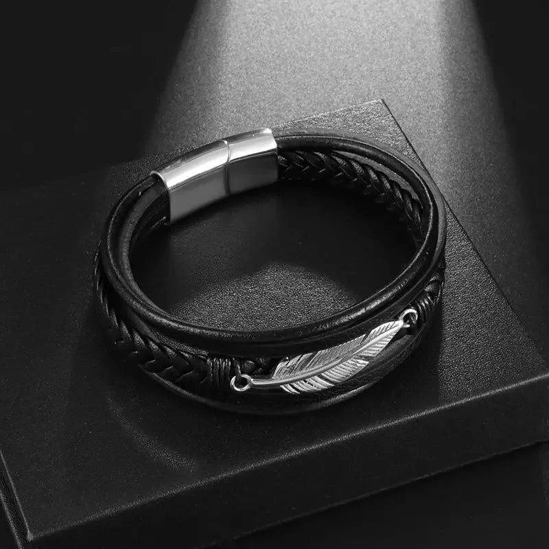 Men's Classic Multi Layered Leather Feather Metal Magnetic Buckle Bangles Bracelet Business Casual Party Jewelry Gift for Men