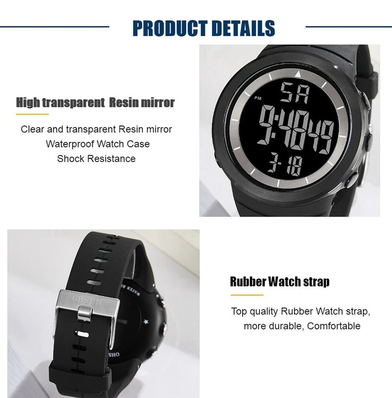Digital Watches for Men Black 50M Diving Tactical Wristwatch Big Dial Waterproof Electronic Led Military Clocks Alarm Stopwatch