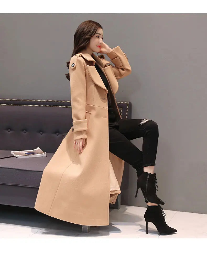 Women's Long Woolen Coat 2023 Spring Autumn New Korean Waist Slimming Over-Knee Thick Keep Warm Woolen Coat Lady Overcoat