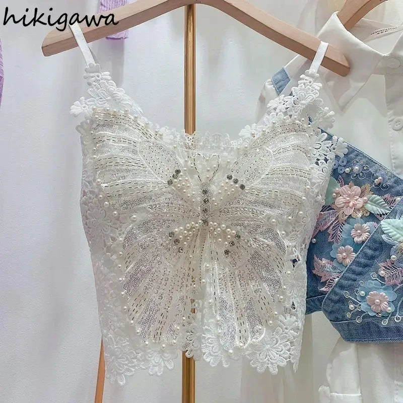 Women Clothing Heavy Beading Floral Tank Sexy Crop Tops Ropa Mujer Lace Butterfly Top Navel Baring Sexy Cropped Top Summer Camis