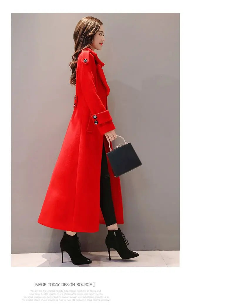 Women's Long Woolen Coat 2023 Spring Autumn New Korean Waist Slimming Over-Knee Thick Keep Warm Woolen Coat Lady Overcoat