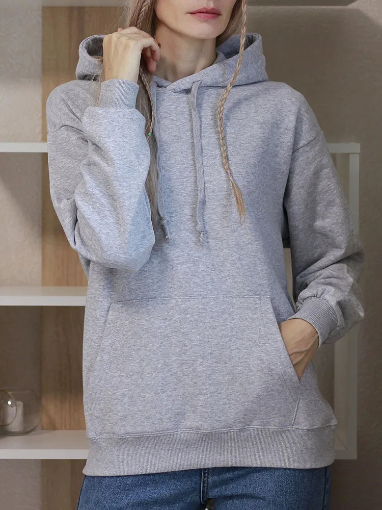 Solid Oversize Hoodies For Women Pocket Casual Loose Hooded Sweatshirt Woman Autumn Cotton Terry Hoodies Women Oversize Pullover