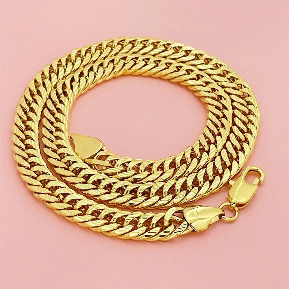 Men's 10MM 60CM Sideways Carved Chain, 24K Gold, AU999 | Gradient gold with gear motifs, youthful edge for modern trendsetters.