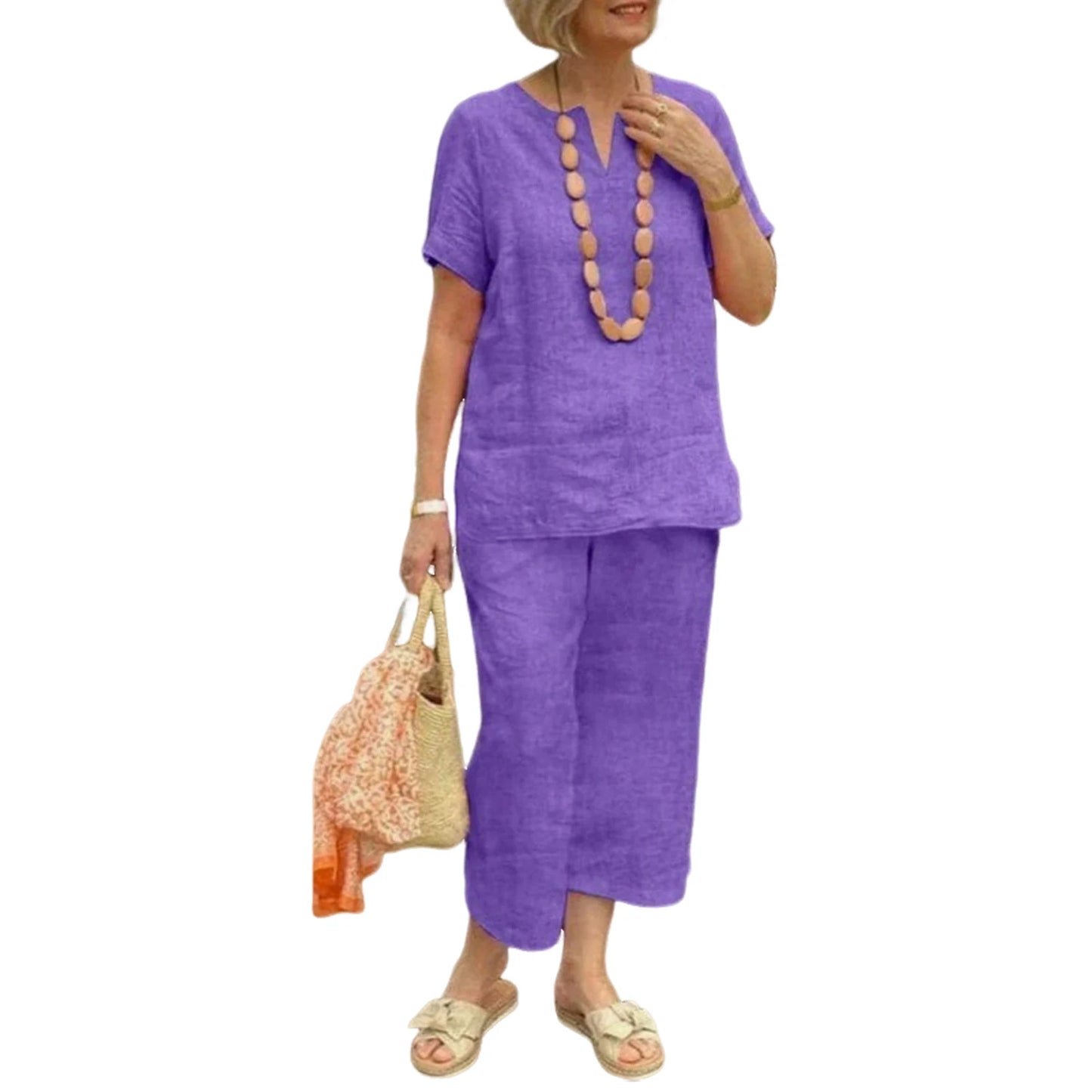 Women's Casual Suits Stylish Women's Cotton Linen Summer Suit with Wide Leg Pants Casual Loose Fit Two for Ladies for Summer