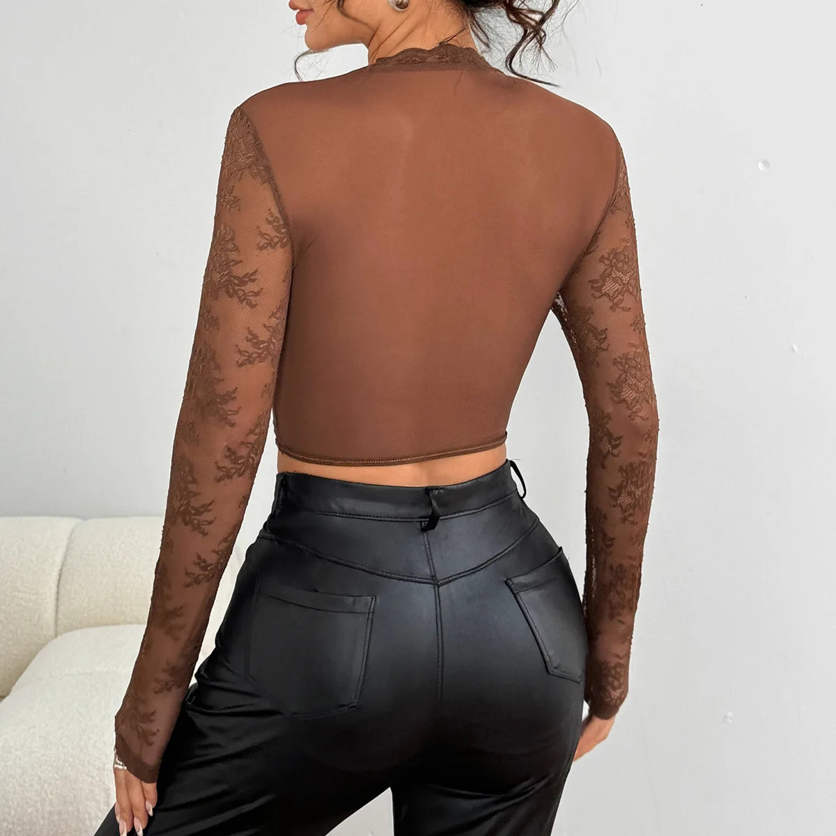 2025 Women T-Shirt Tops Casual Basic Solid Camis Slim Sexy Floral Lace Hollow Round Neck Long Sleeve See-Through Slimming Top