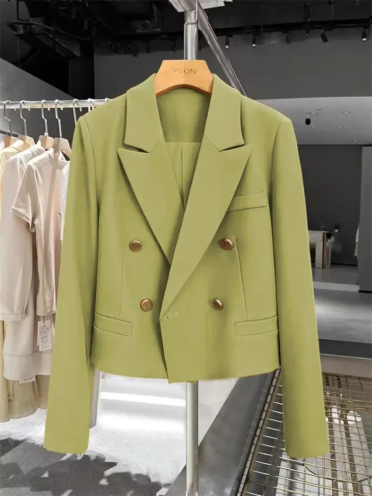 Women's Short Suit Jacket  Autumn 2025 Female Casual Suit Double-breasted Office Lady Solid Coffee Turndown Collar Blazers Women