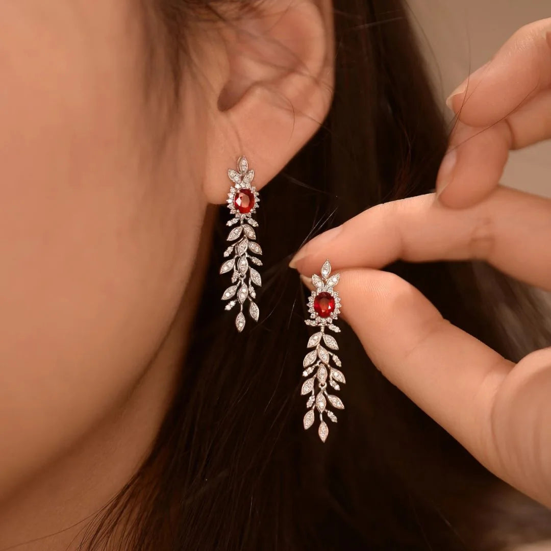 925 silver vintage exquisite style red gemstones tassels earings stud gorgeous luxury long earrings for women wedding jewelry