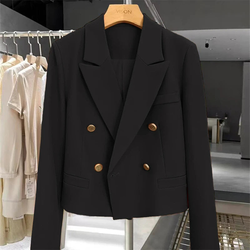Women's Short Suit Jacket  Autumn 2025 Female Casual Suit Double-breasted Office Lady Solid Coffee Turndown Collar Blazers Women