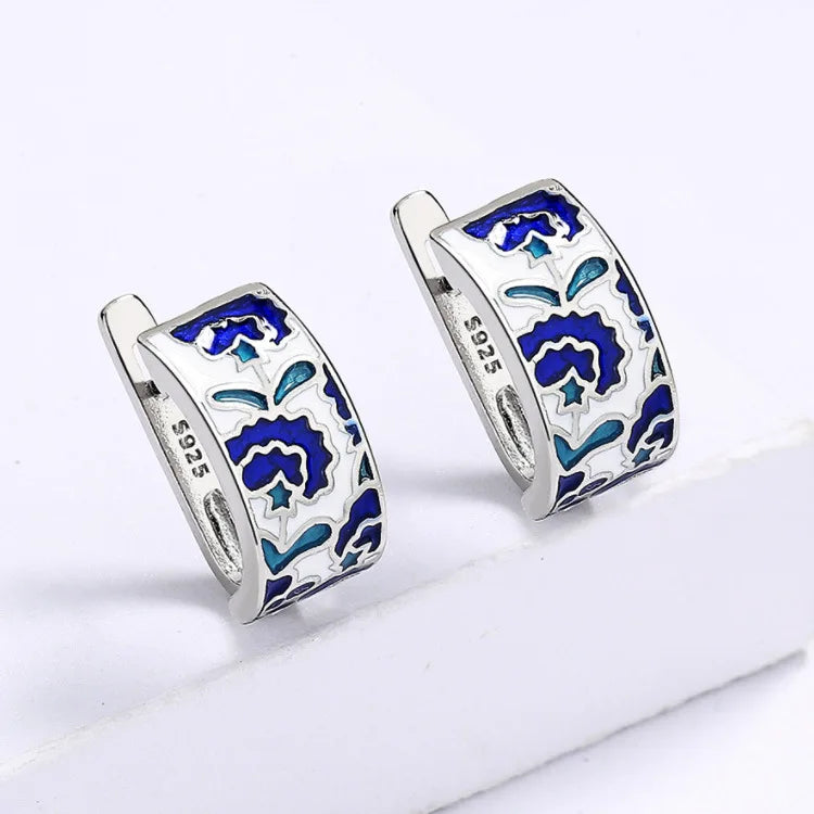 925 Silver Classic Creative Handmade Blue Enamel Earrings For Ladies Flower Shape Earrings Fashion Party Jewelry Women Earrings