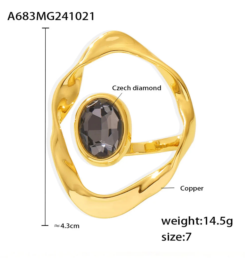 Irregular Twist Geometric Hyperbole Ring With Large Rhinestone For Women 18k Gold Plated Waterproof Women's Aesthetic Rings