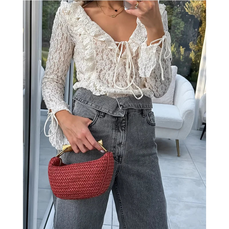 Women's Tops Summer 2025 New Chic Lace Perspective Elegant Holiday Tops Women Street Fashion Slim V-neck Youth Tops
