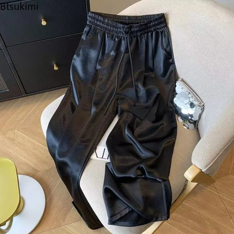 2025 Women's Loose Casual Trousers Summer New Lightweight Satin High Waist Wide Leg Pants Vintage All-match Straight Pants Femme