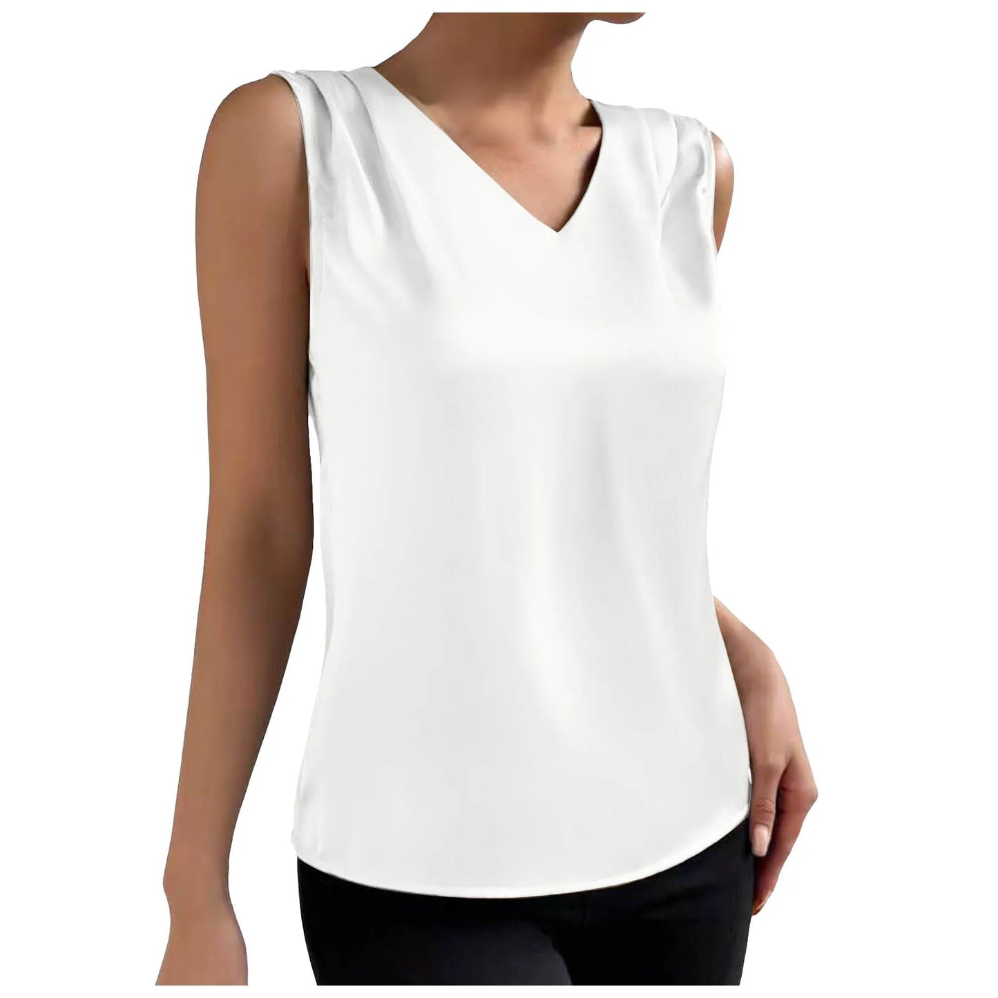 Coffee Tops For Women Summer V Neck Casual Soild Color Satin Sleeveless Basic Vest Shirt Fashionable Simple Apparel Shirts