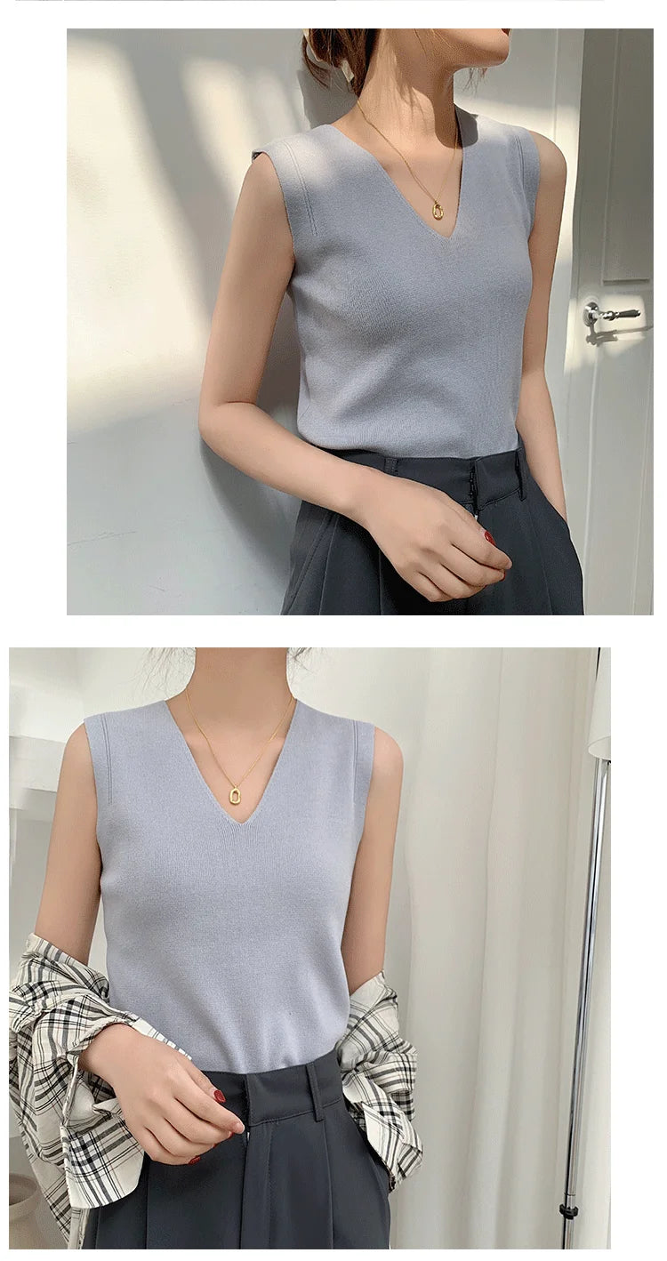 Summer Women Knitted Tank Tops Women Thin Tops Basic Casual Tank Tops V-neck Tees Sleeveless Tops For Women