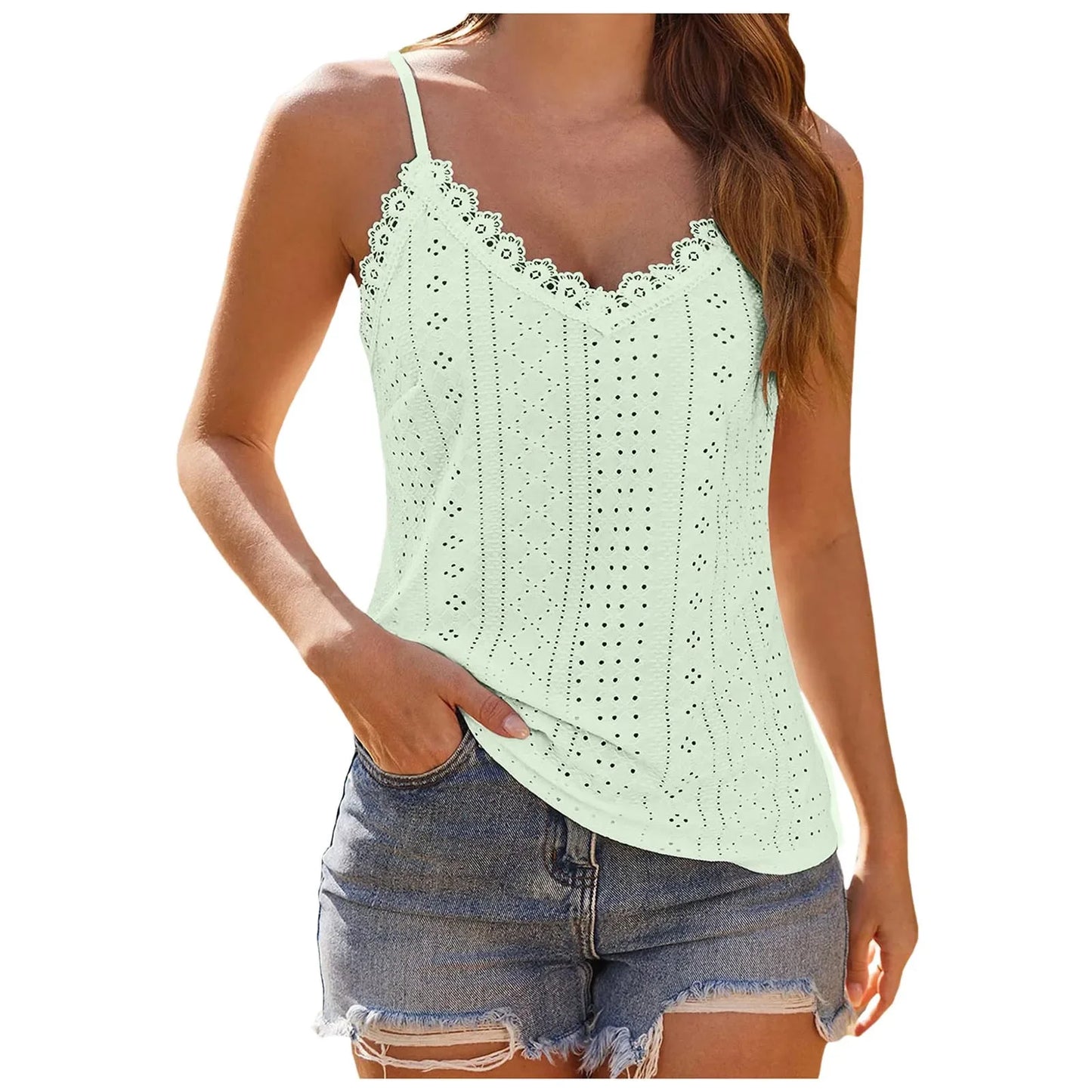 Women'S Tank Top V Neck Lace Camisole Casual Cute Summer Top Loose Fit Creme Crop Top Thin Strap Shirt Vest Clothing Woman