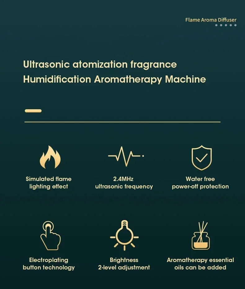 Perfume Humidifier Simulation Flame Aromatherapy Diffuser LED Ultrasonic Air Humidifier Creative Gift Essential Oil Flame Lamp