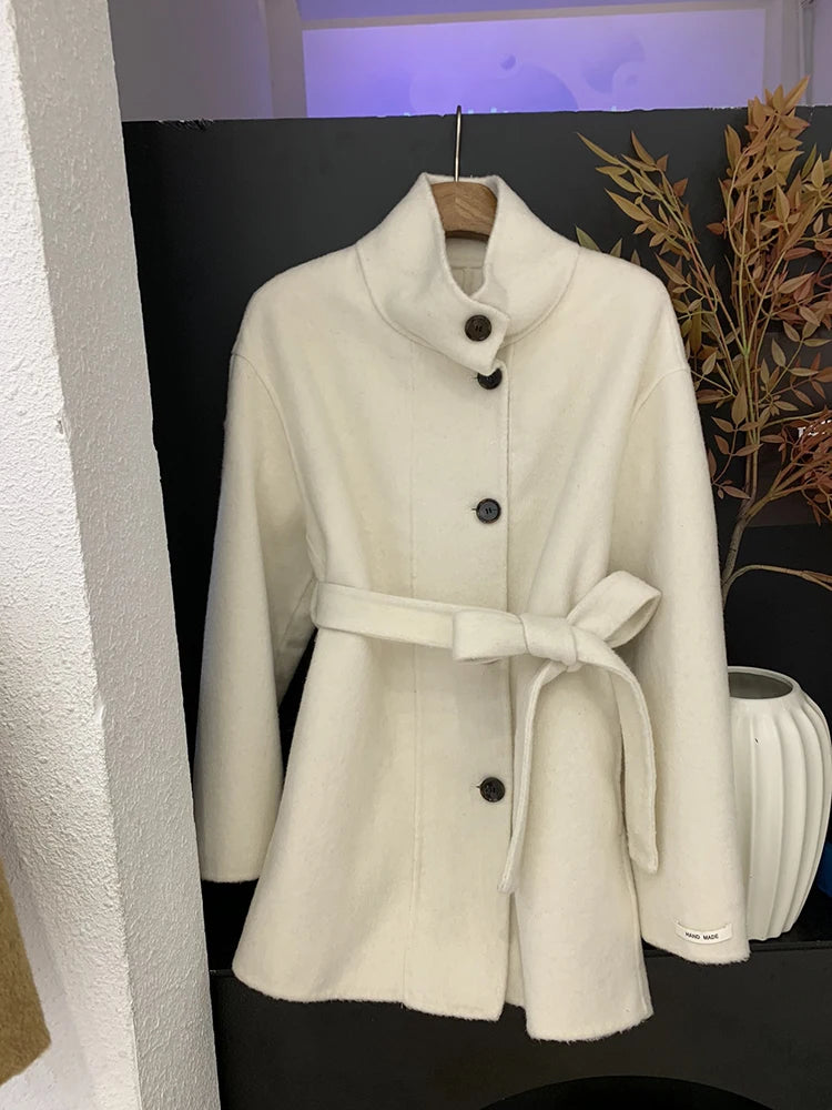 Double Sided Cashmere Coat For Women Winter Temperament Stand Collar Tied Woolen Overcoat Female Loose Waist Woolen Clothes